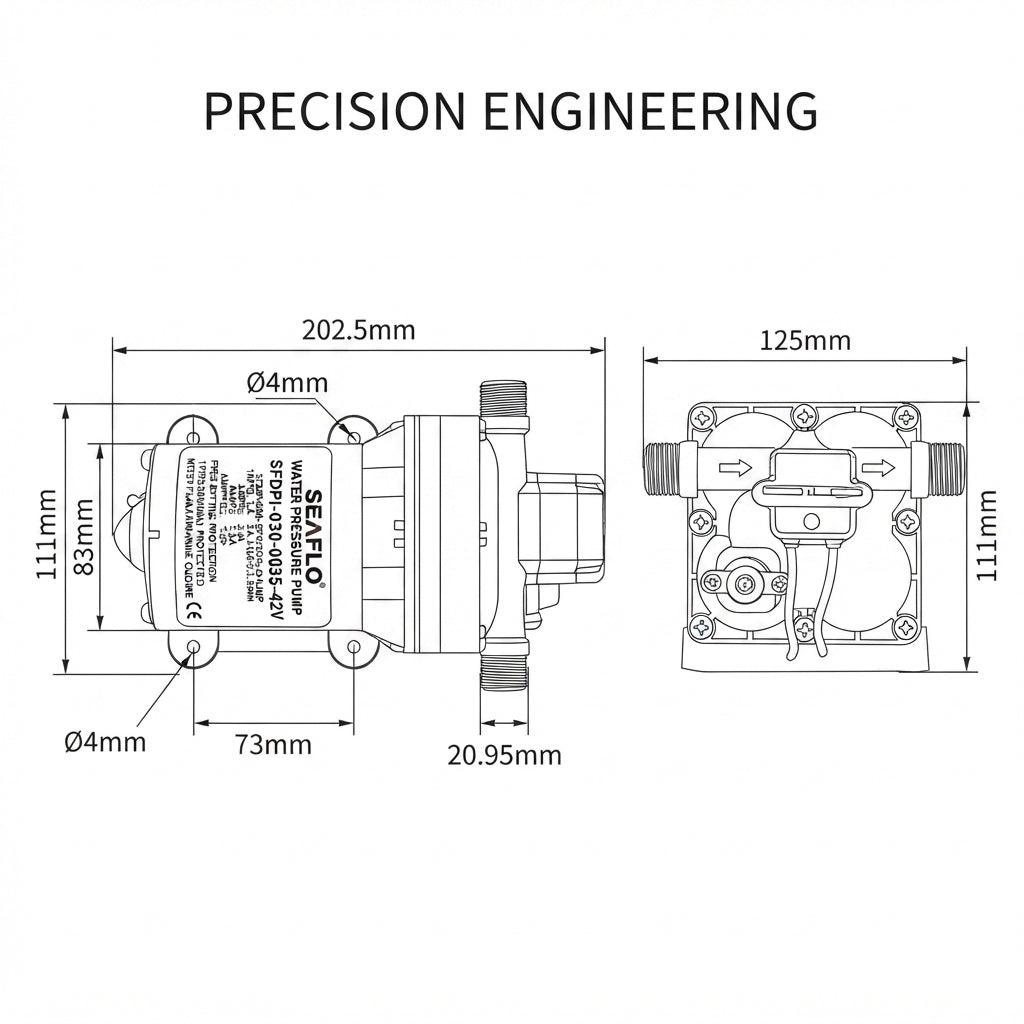 Marine Fresh Water Booster Pump – 3.0 GPM, 55 PSI, Quick-Connect – dimensions and specifications