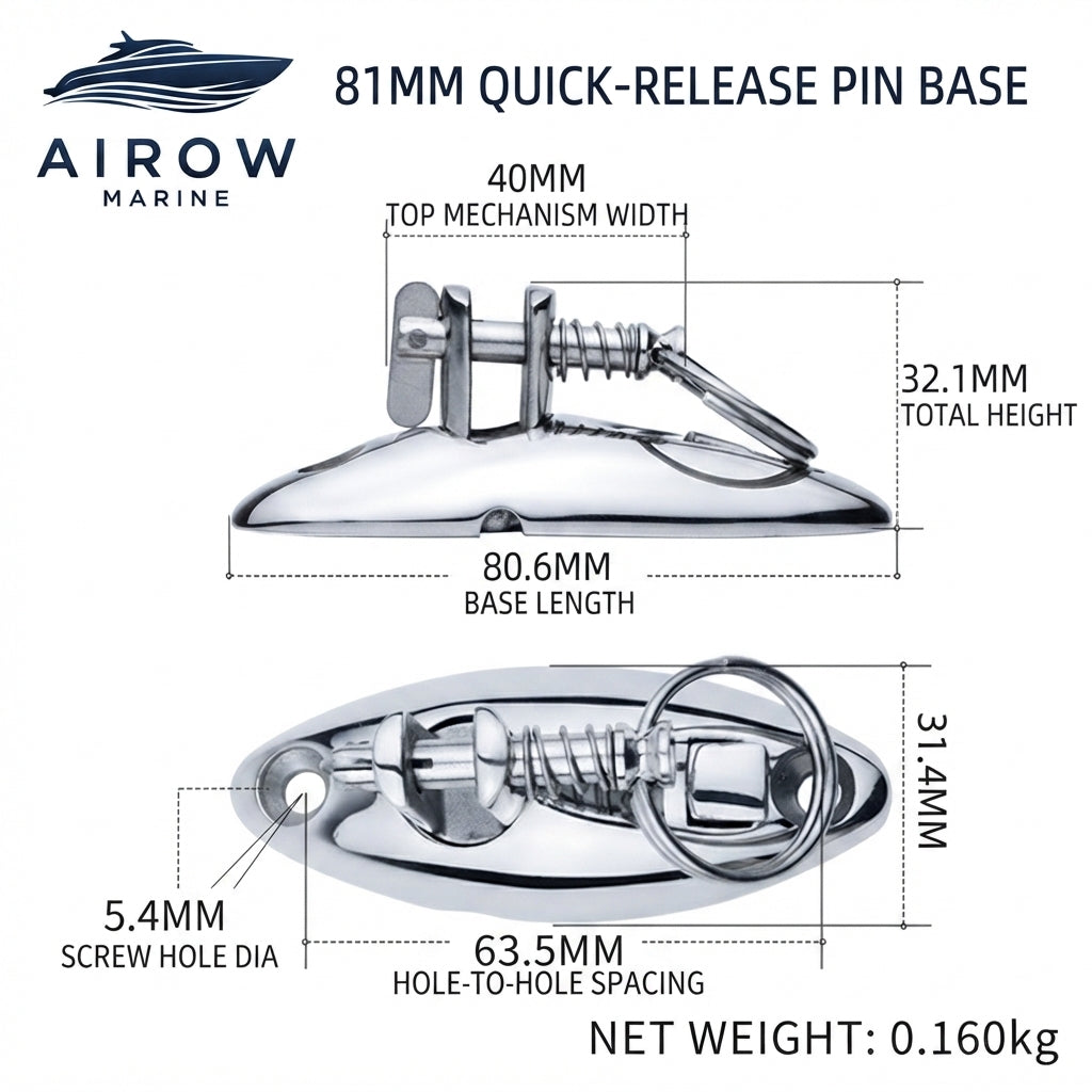 AIROW MARINE 316 Stainless Steel Quick-Release Deck Hinge - Yacht & Boat Hardware (80.6mm Base)