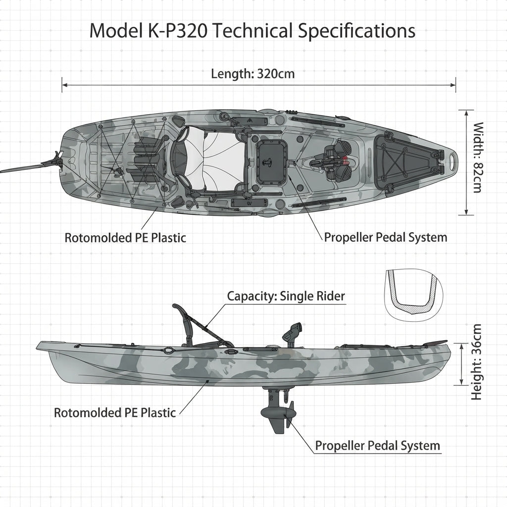 AirrowMarine 320cm Rotomolded Propeller Pedal Fishing Kayak – Ultra-Durable PE – dimensions and specifications