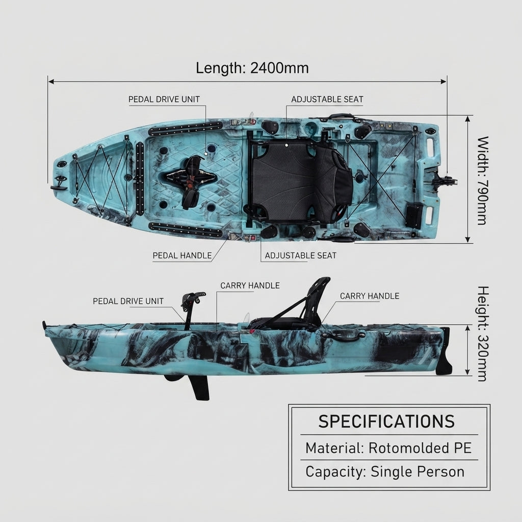 AirowMarine Pedal Drive Fishing Kayak – Rotomolded PE (2400mm L) – dimensions and specifications