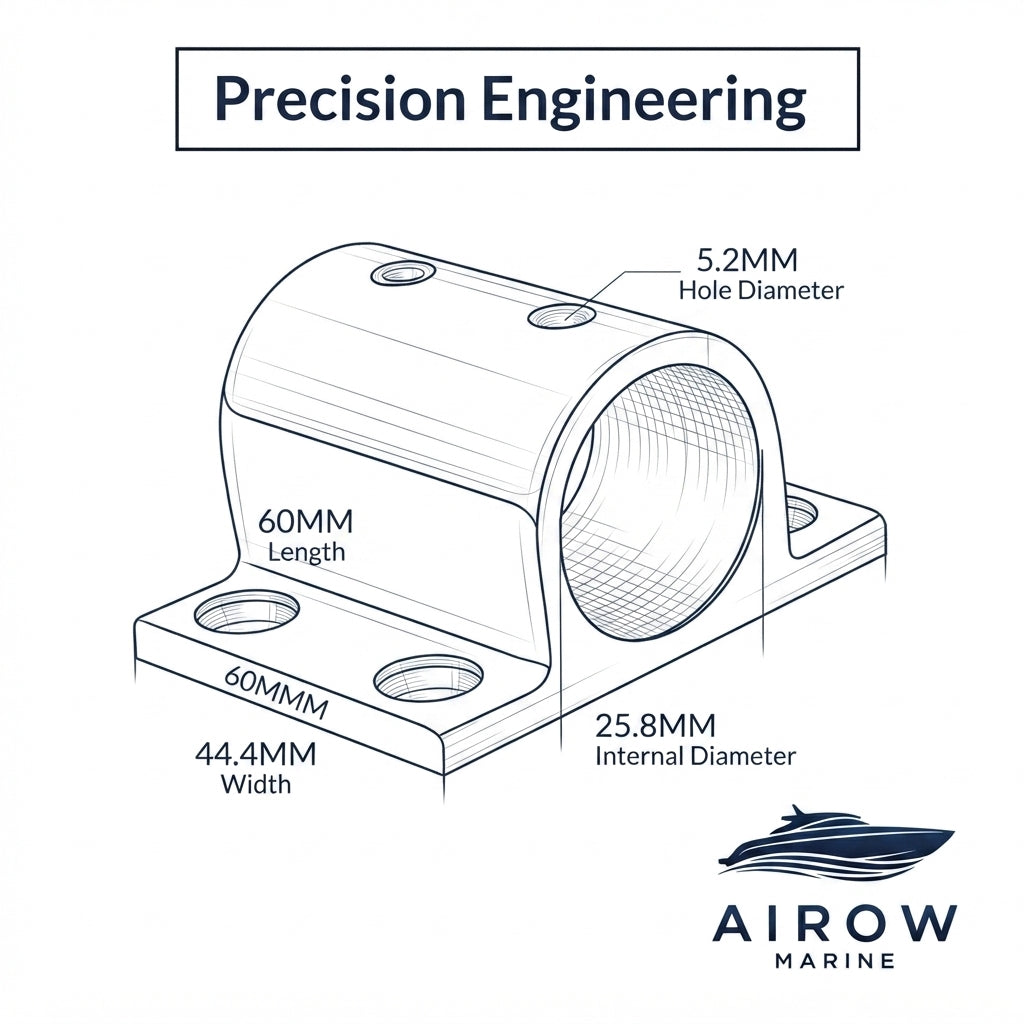 316 Marine-Grade Stainless Steel Square Base Bracket – 25.8mm ID – dimensions and specifications