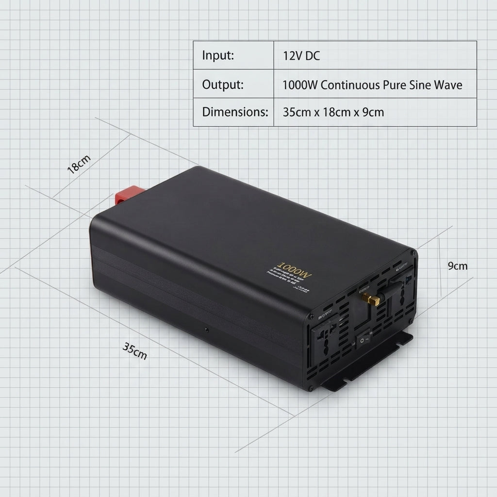 AirowMarine 1000W Pure Sine Wave Marine Inverter - 12V DC to AC Off-Grid Power