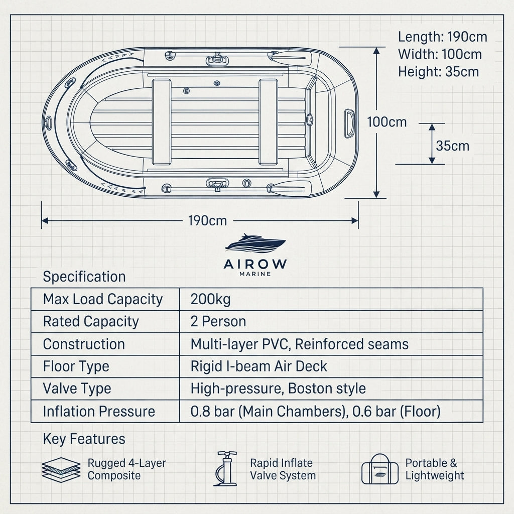 Airow Marine Explorer Dinghy Sport Inflatable Boat - Heavy-Duty 4-Layer PVC (190cm)