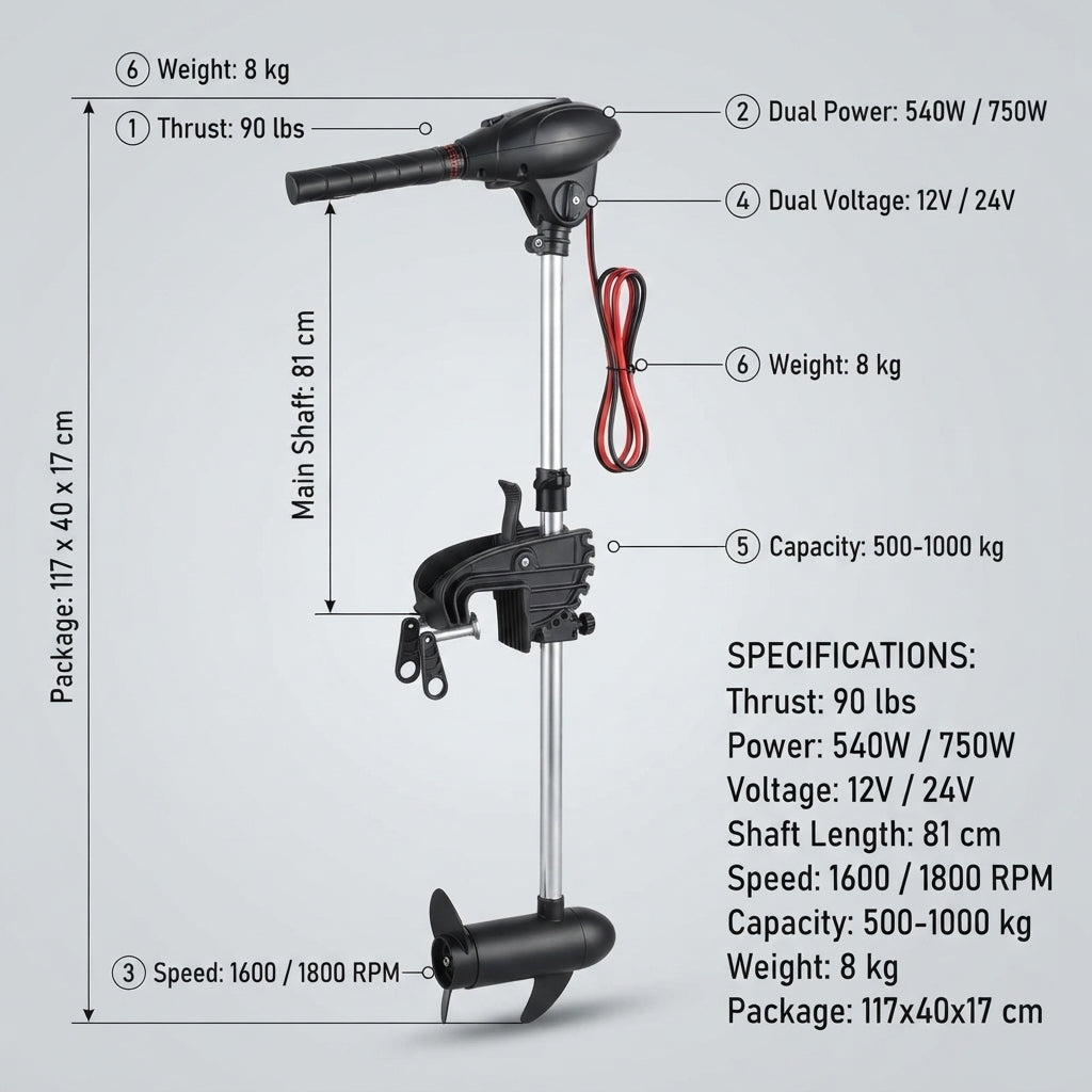 AirowMarine 90lb Thrust Electric Trolling Motor - 12V/24V Brushless, 81cm Alloy Shaft