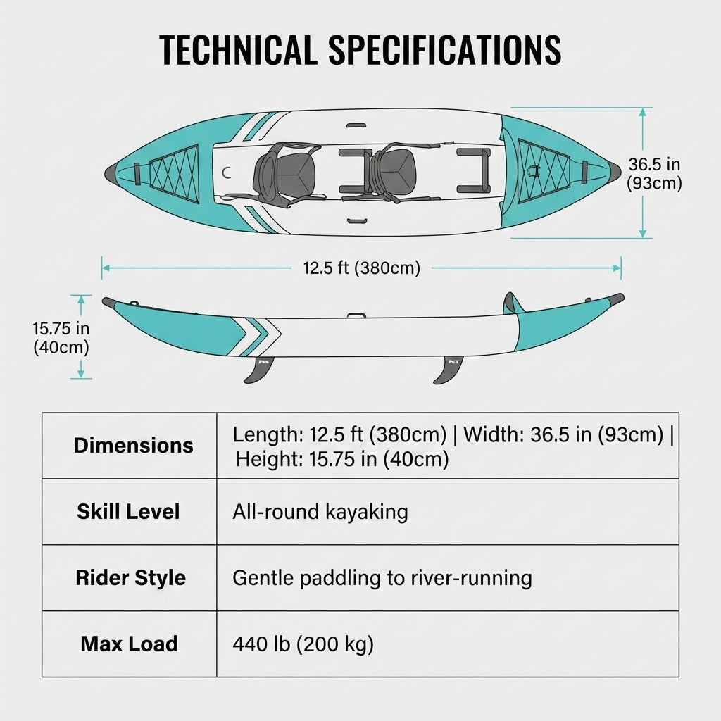 AirowMarine 12.5ft Inflatable Kayak – High-Tenacity PVC & Mesh Seats (440lb Capacity) – dimensions and specifications