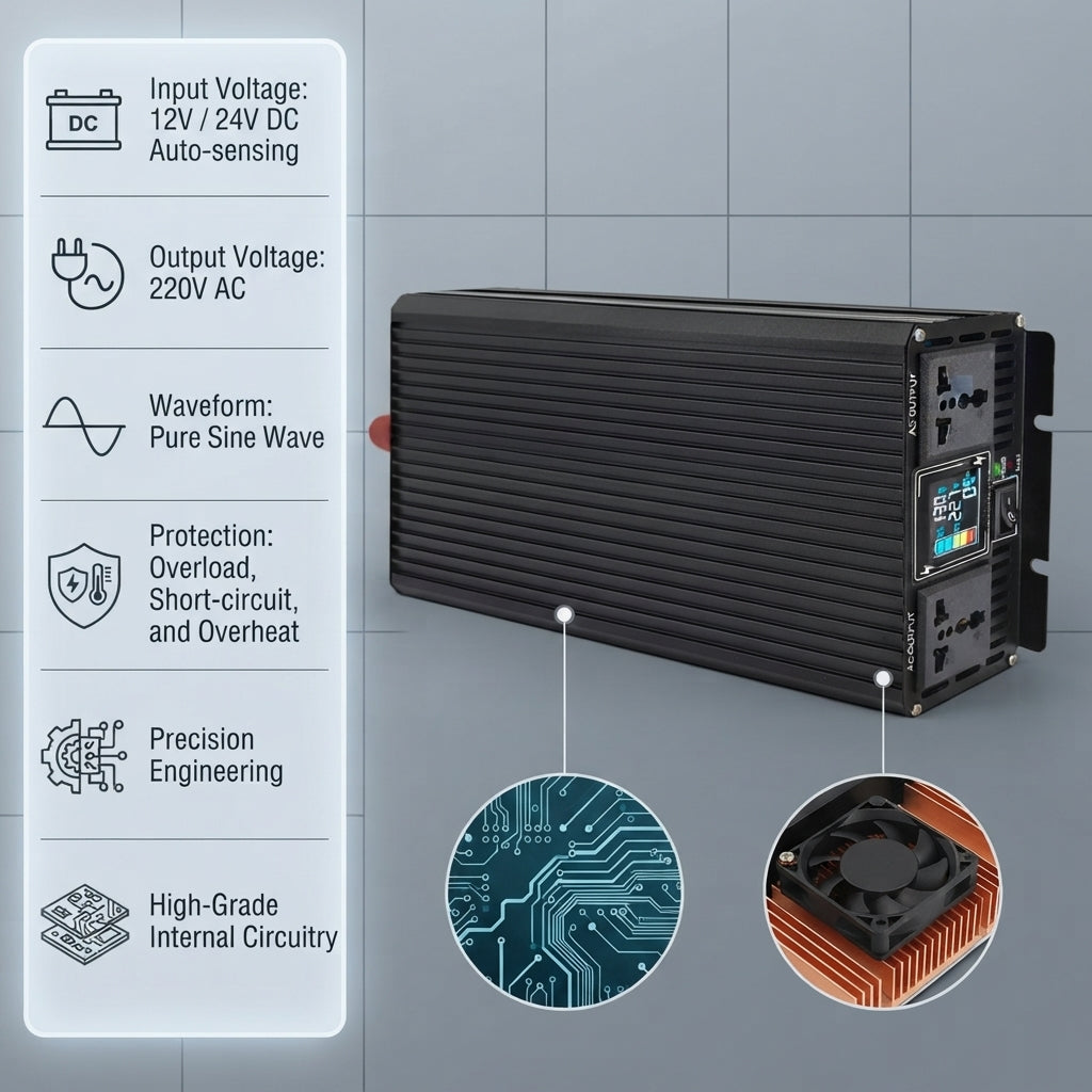 5000W Pure Sine Wave Power Inverter - 12V/24V DC to 110V/220V AC