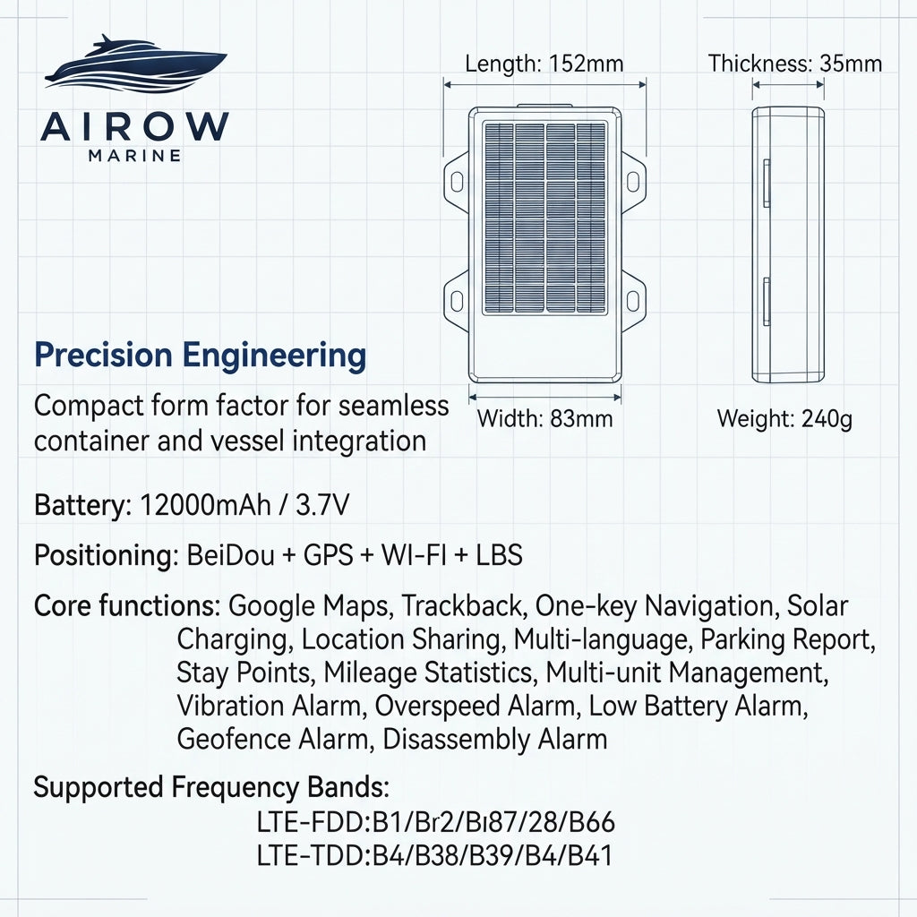 AirowMarine Solar GPS Tracking Terminal - IP68 Waterproof, Quad-Positioning, 4G LTE