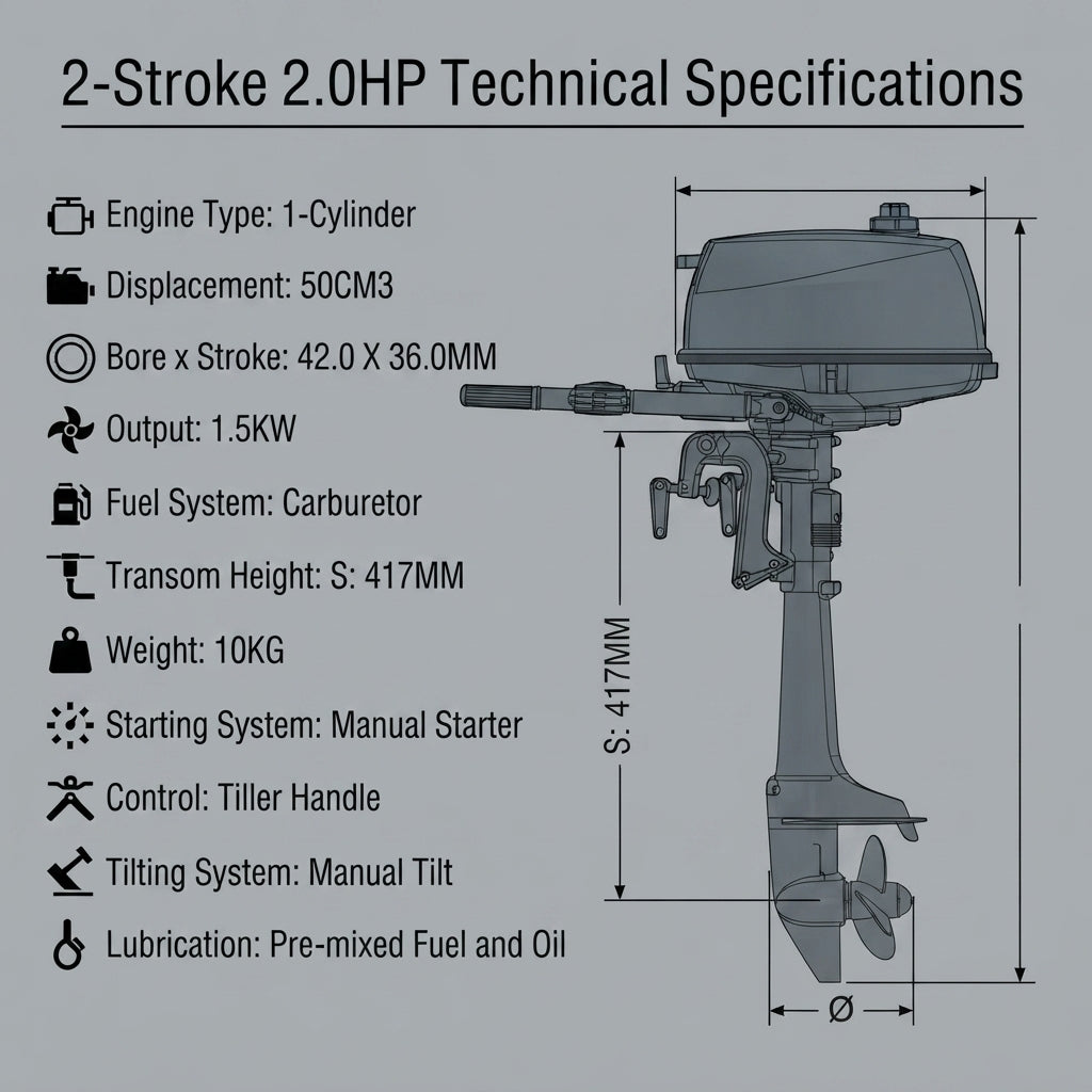 Yamaha 2HP 2-Stroke Short Shaft Outboard Motor - 1.5kW, 50cc (417mm Transom)
