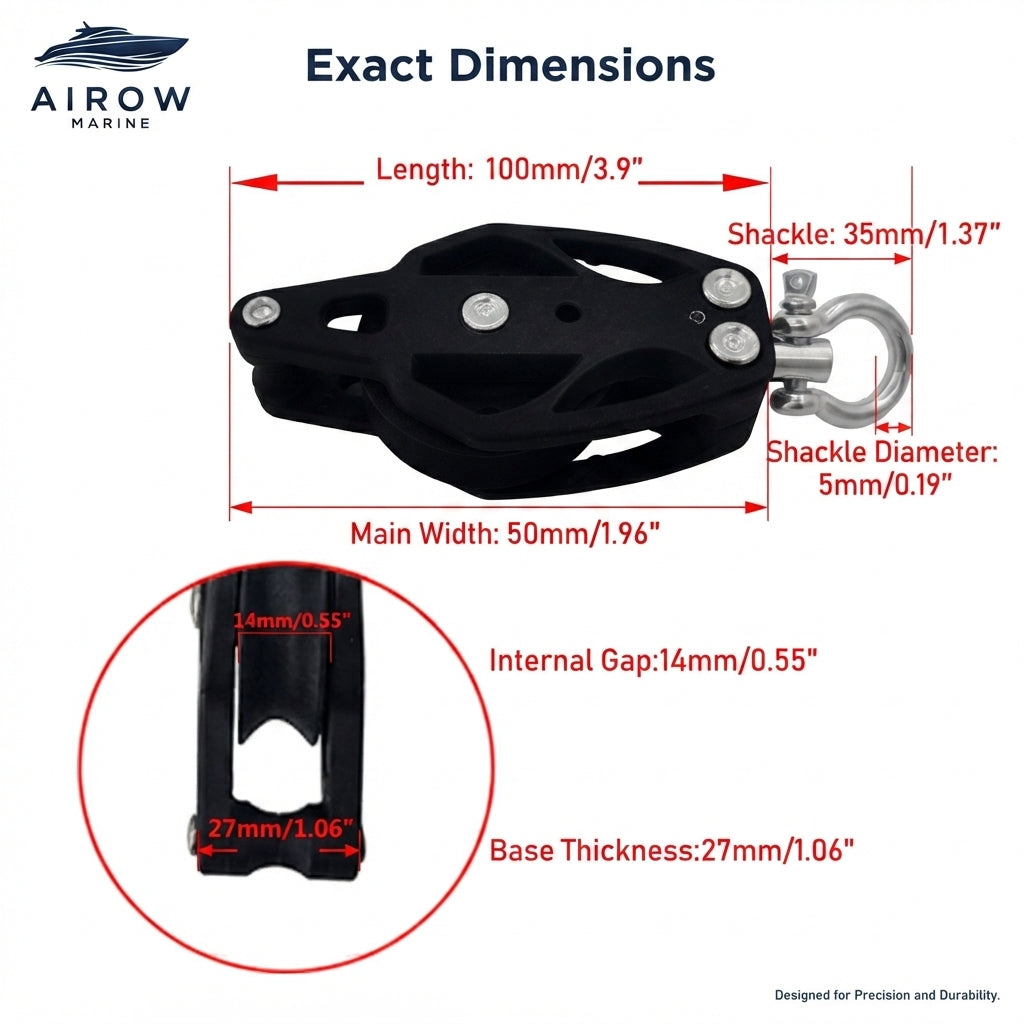 Black Nylon Sailing Pulley – High-Performance Low-Friction (100mm) – dimensions and specifications