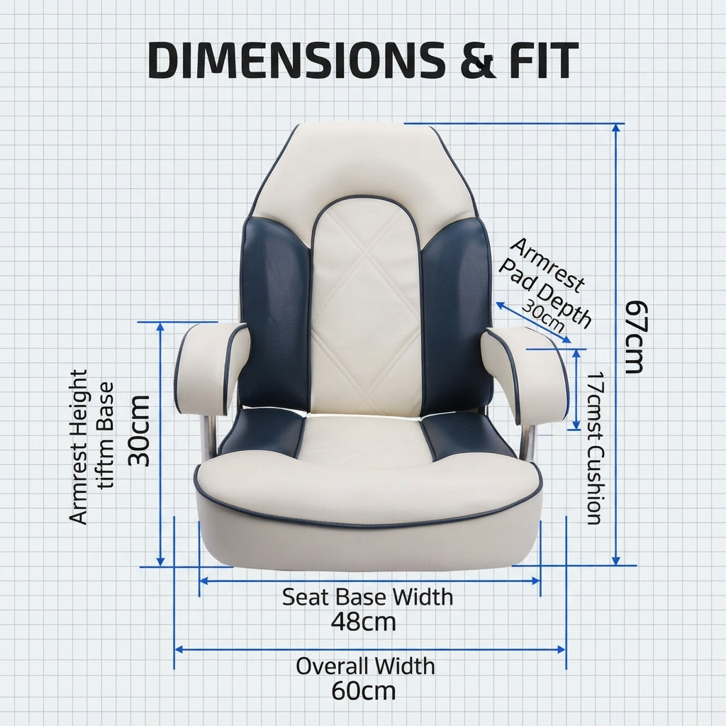 Luxury Marine Captain's Chair – UV-Resistant Vinyl & 316 SS Frame – dimensions and specifications
