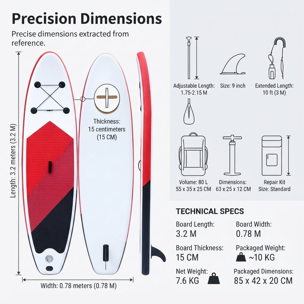 AirowMarine Explorer 10'6" Inflatable SUP Paddleboard Package – Premium Drop-Stitch PVC – dimensions and specifications