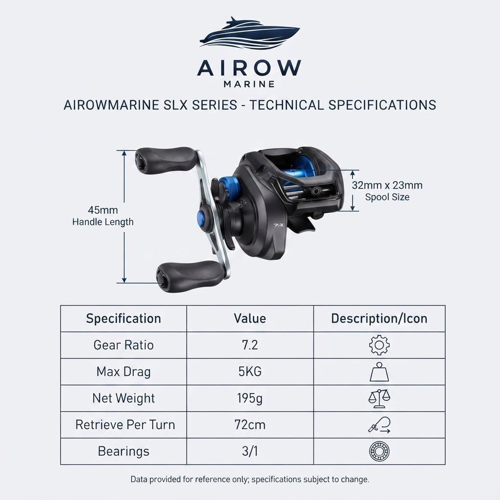 AirowMarine SLX Baitcasting Reel - 7.2 High-Speed Gear, 5KG Drag
