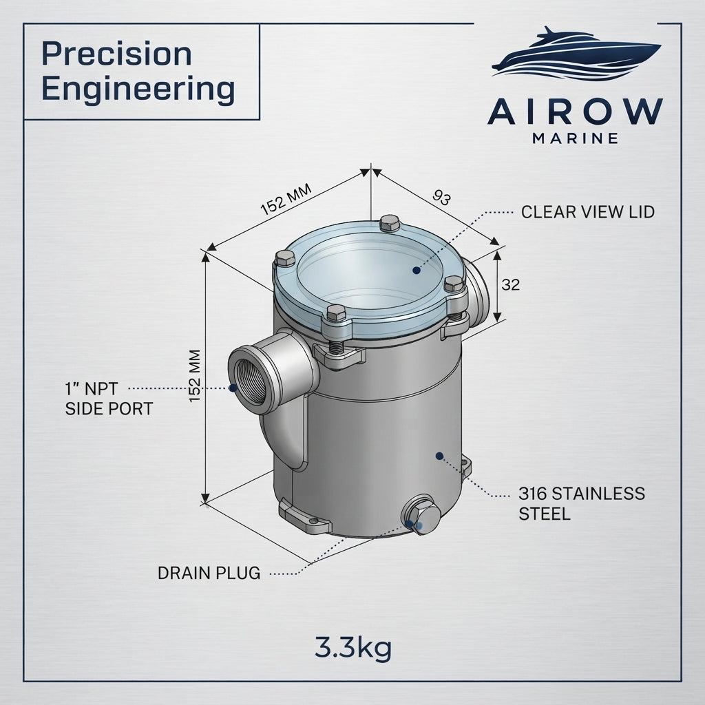 Airow Marine 316 Stainless Steel Seawater Filter - High-Flow Corrosion Proof (32mm Port)