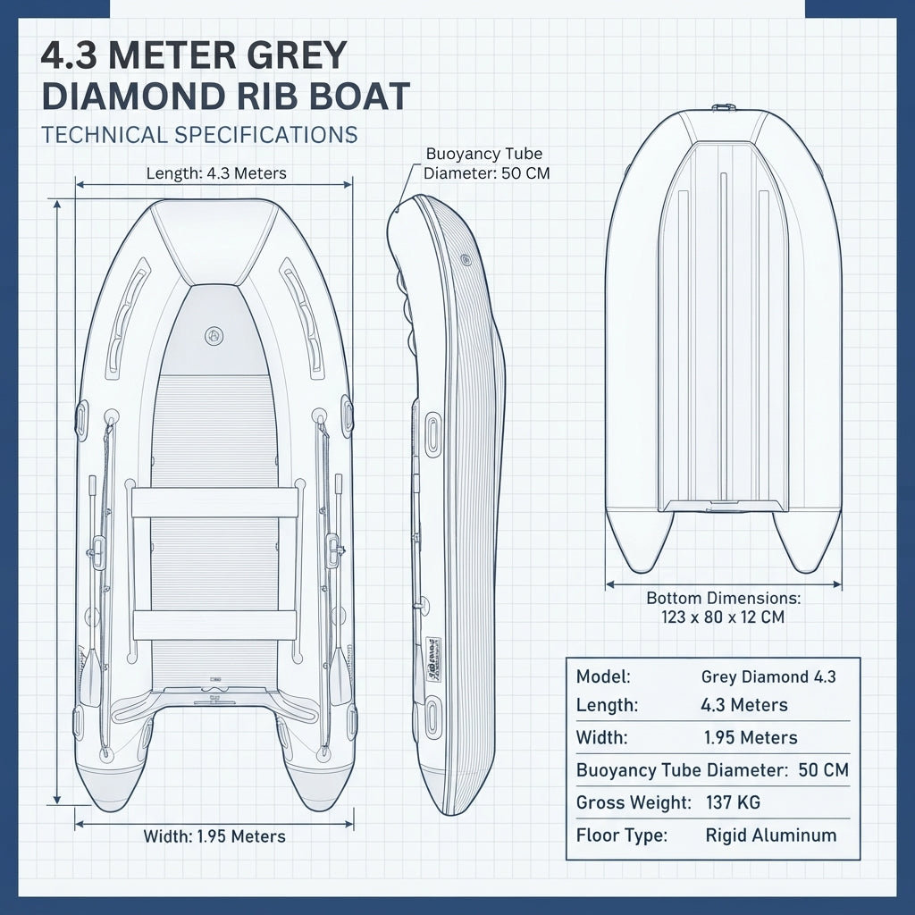 AirowMarine 4.3m Armored Inflatable Fishing Boat – Rigid Aluminum Floor – dimensions and specifications