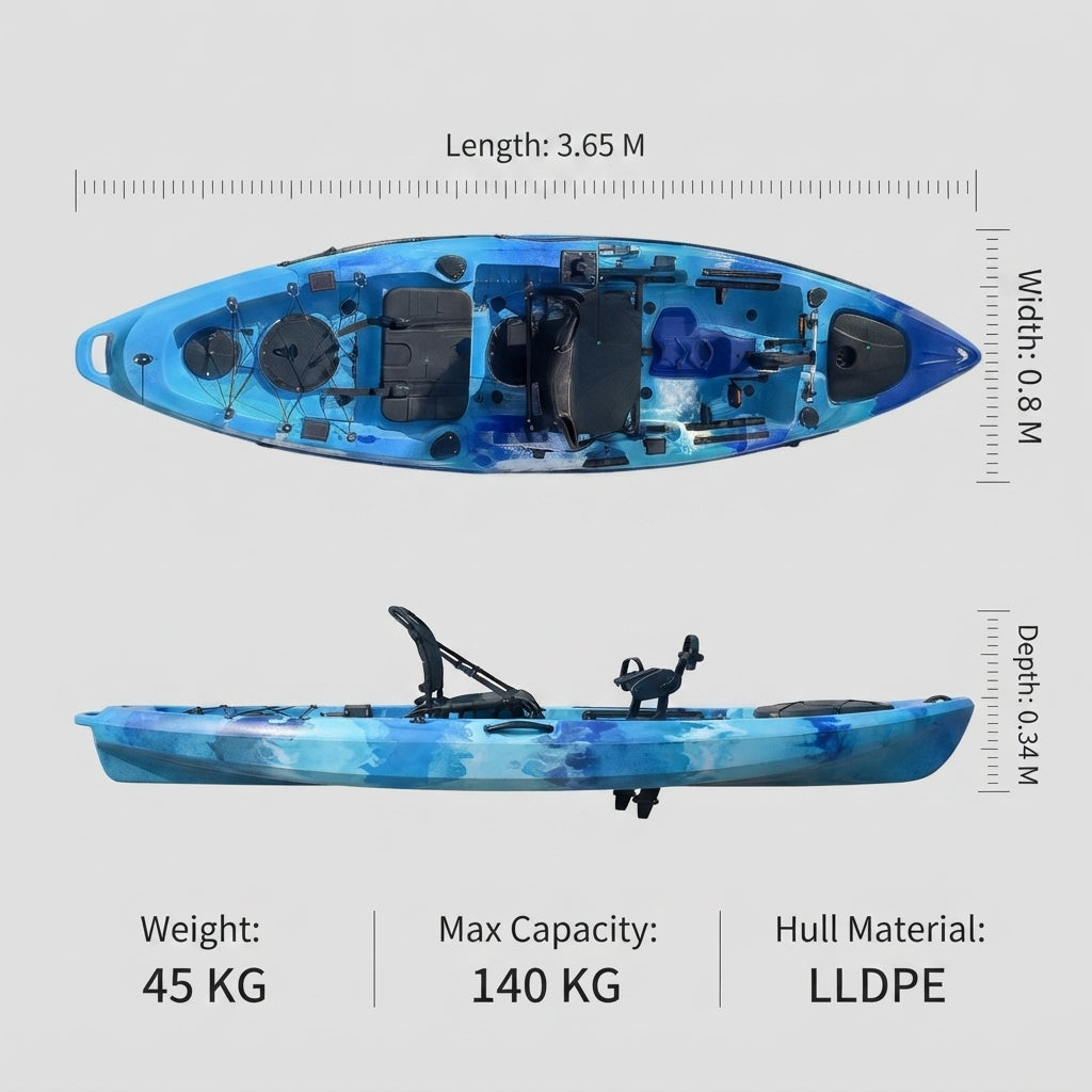 LLDPE Single-Person Fishing Kayak – Pedal-Ready, Blow-Molded Design – dimensions and specifications