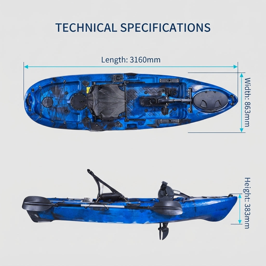 AirowMarine Angler 3.16m Pedal Fishing Kayak – Rotomolded HDPE – dimensions and specifications
