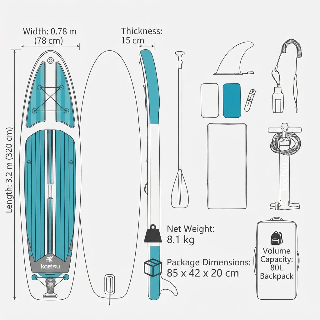AirowMarine Totem 10'6" Inflatable Stand Up Paddleboard Kit – All-Water SUP – dimensions and specifications