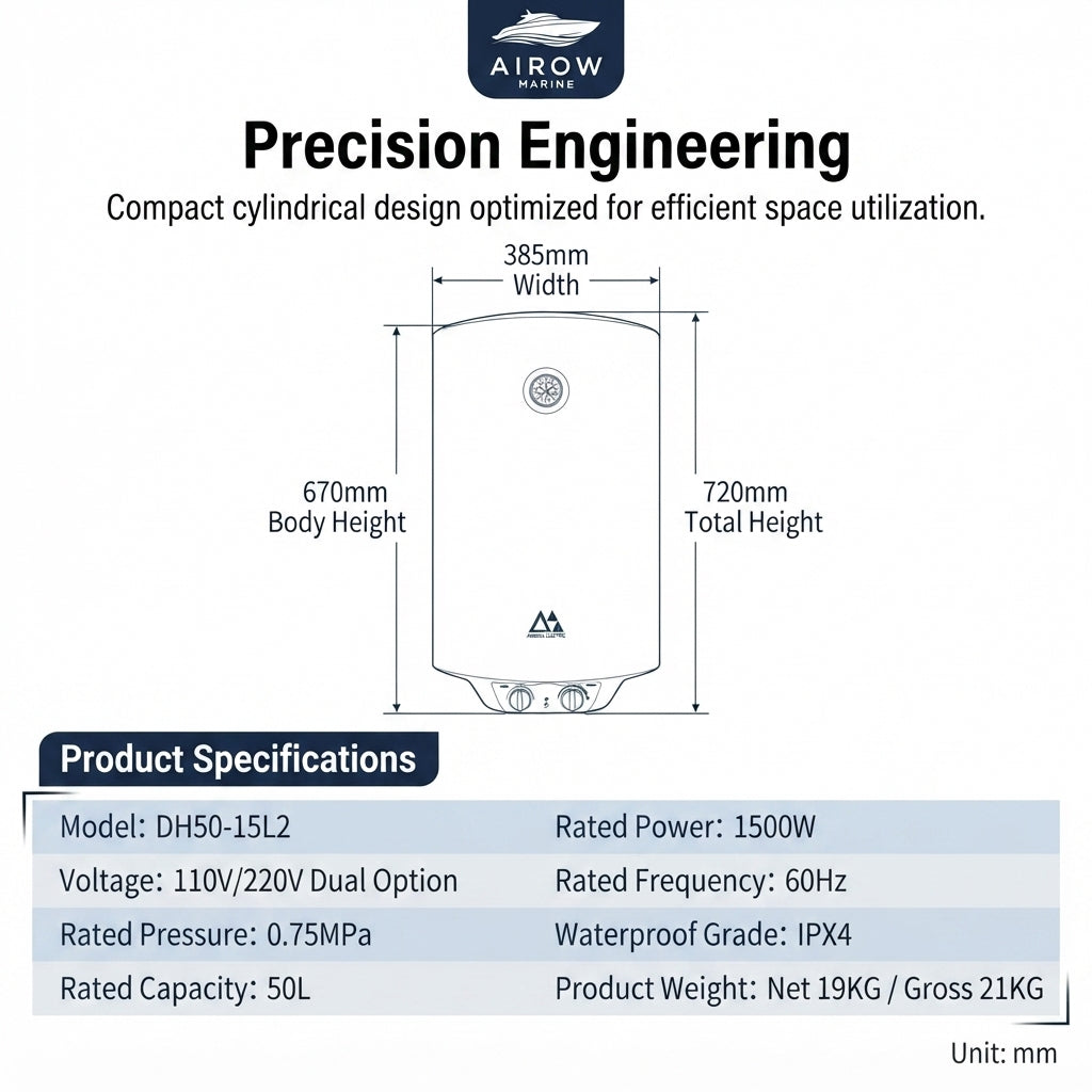 AirowMarine 50L Marine Electric Water Heater - Dual Voltage 110V/220V (1500W)
