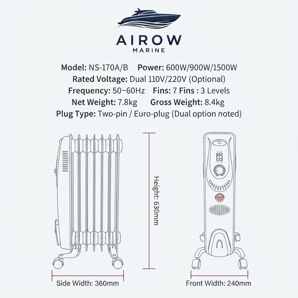 AirowMarine Dual Voltage Marine Oil-Filled Radiator – 7-Panel, 1500W, Humidifying & Drying – dimensions and specifications