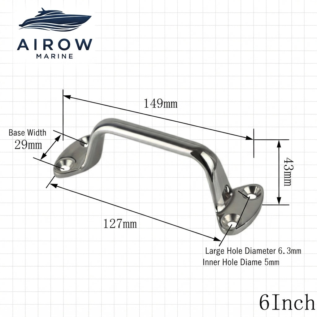 Marine Grab Handle – 316 Stainless Steel, Mirror Polished (149mm) – dimensions and specifications