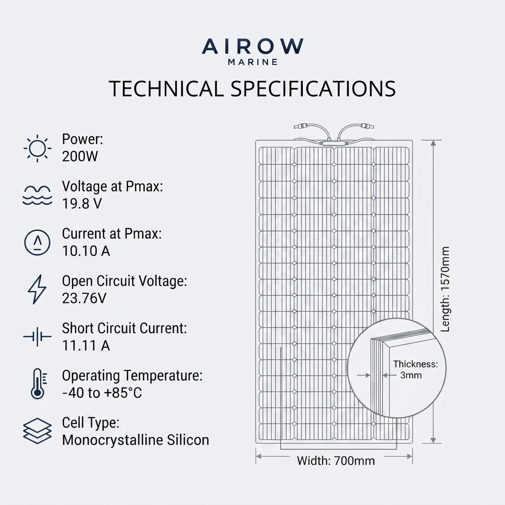 Flexible Marine Solar Panel - 200W Monocrystalline Curved (1570x700mm)