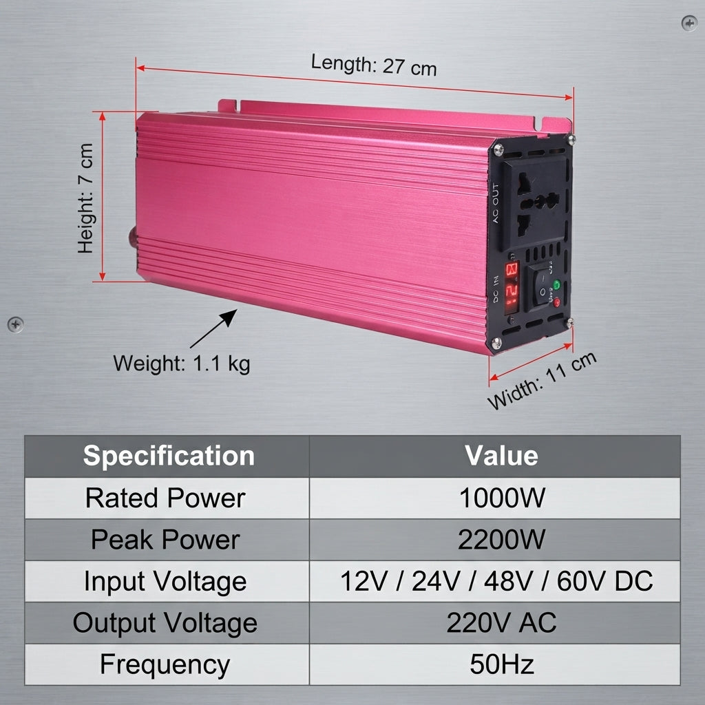 Airow Marine 2200W Pure Sine Wave Inverter - Multi-Voltage DC to AC Power (27x11x7cm)