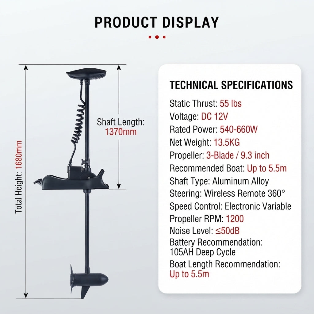 55lb Electric Trolling Motor - Wireless Remote & Foot Control
