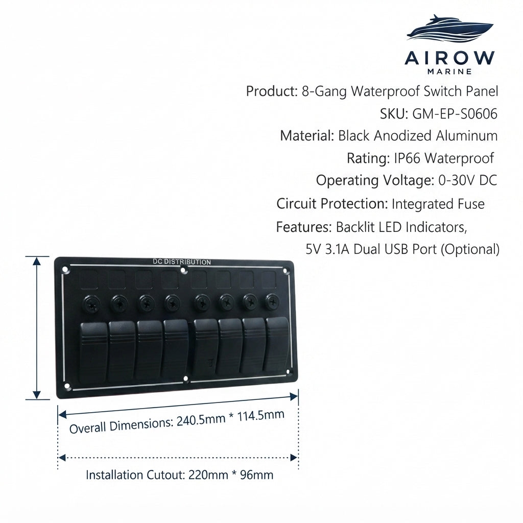 Airow Marine 8-Gang Waterproof DC Switch Panel - IP65 Rated (0-30V)