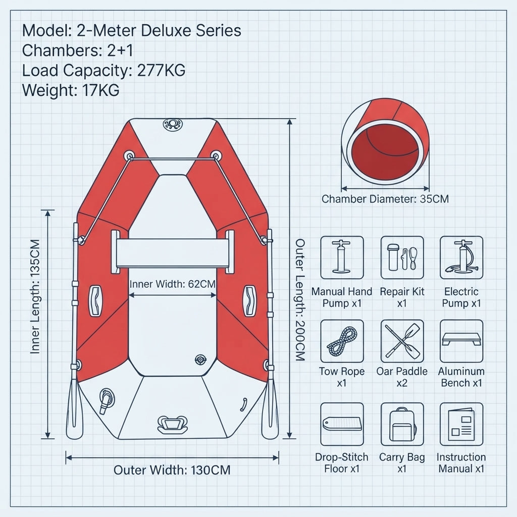 AirowMarine Heavy-Duty Inflatable Fishing Raft – Drop-Stitch Floor (200x130CM) – dimensions and specifications