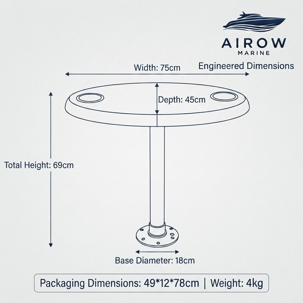 Airow Marine Teak Oval Boat Table - Dual Cup Holders (75x45cm)