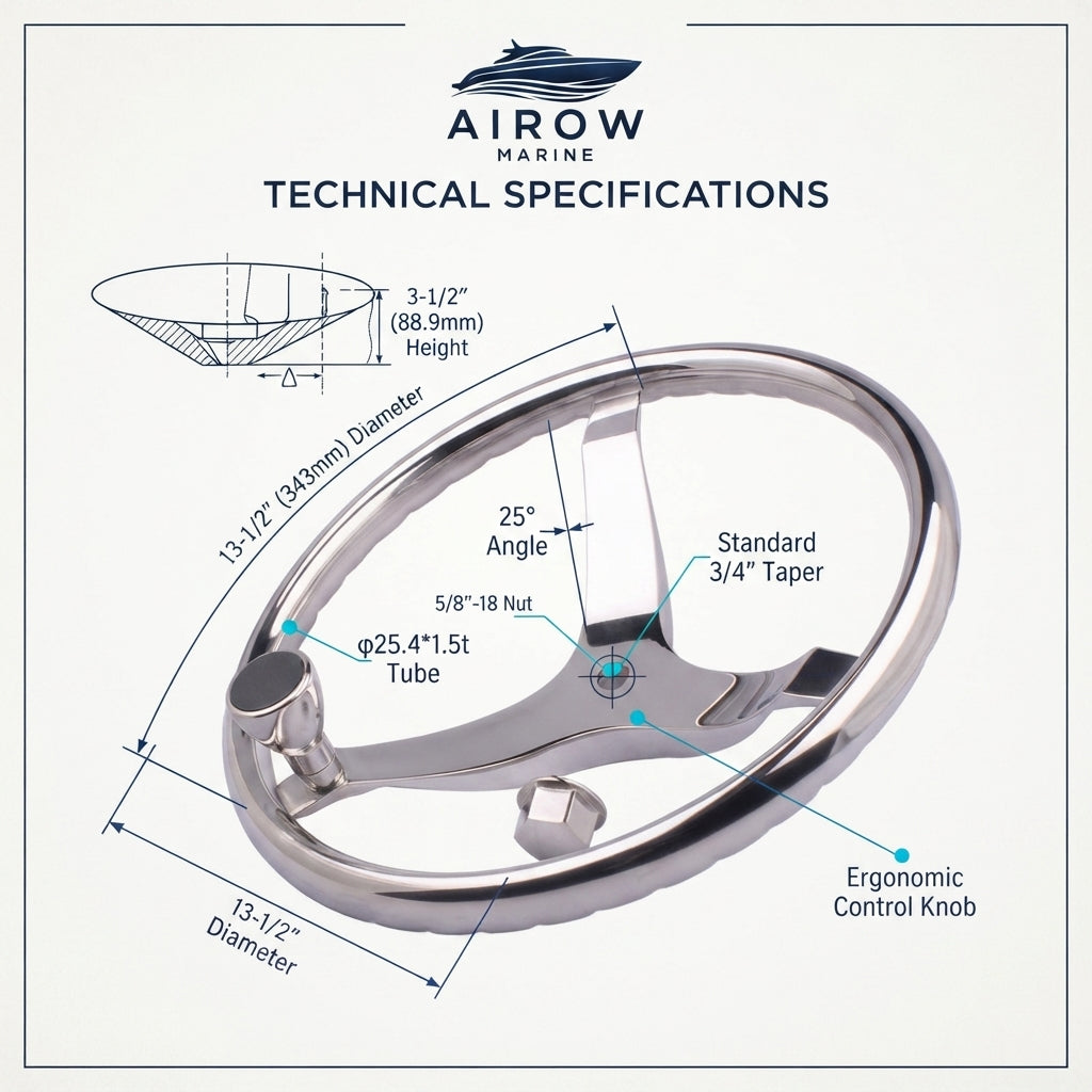 AirowMarine 13.5-inch 3-Spoke Marine Steering Wheel - Mirror Polish 316 Stainless Steel