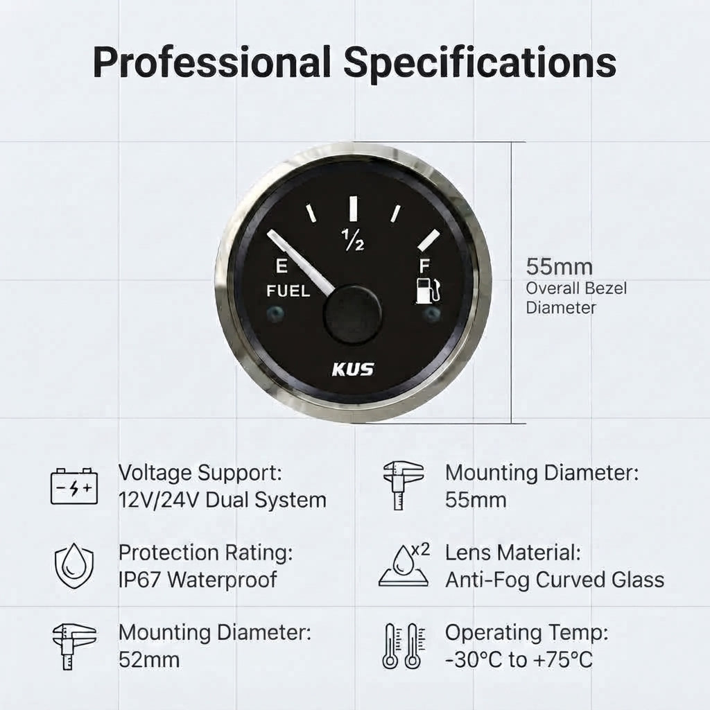 KUS Marine Fuel Level Gauge - 12/24V, IP67 Waterproof, Anti-Fog 52mm (2-1/16")