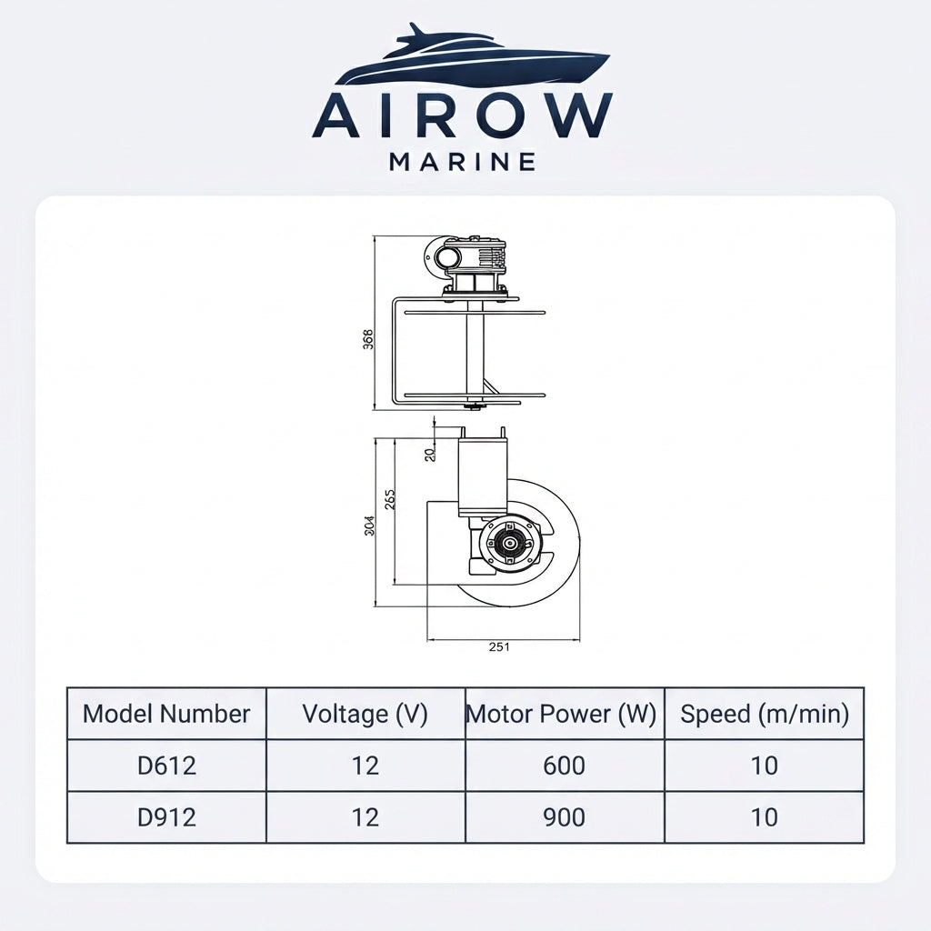 AirowMarine D612/D912 Electric Anchor Winch – 12V DC, 330-485lb Pull – dimensions and specifications