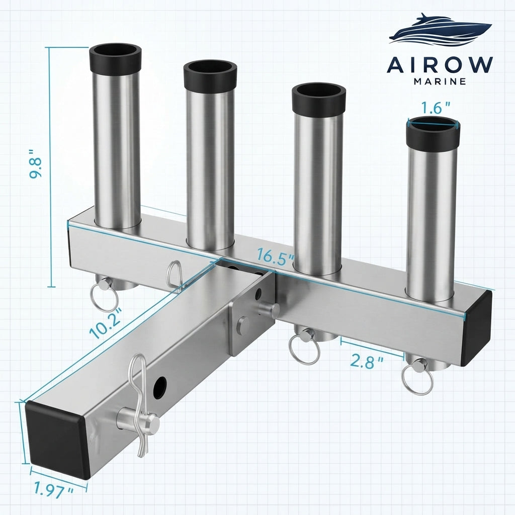 Airow Marine 4-Rod Hitch Mount Fishing Rod Rack - Polished 304 Stainless Steel (Universal Fit)