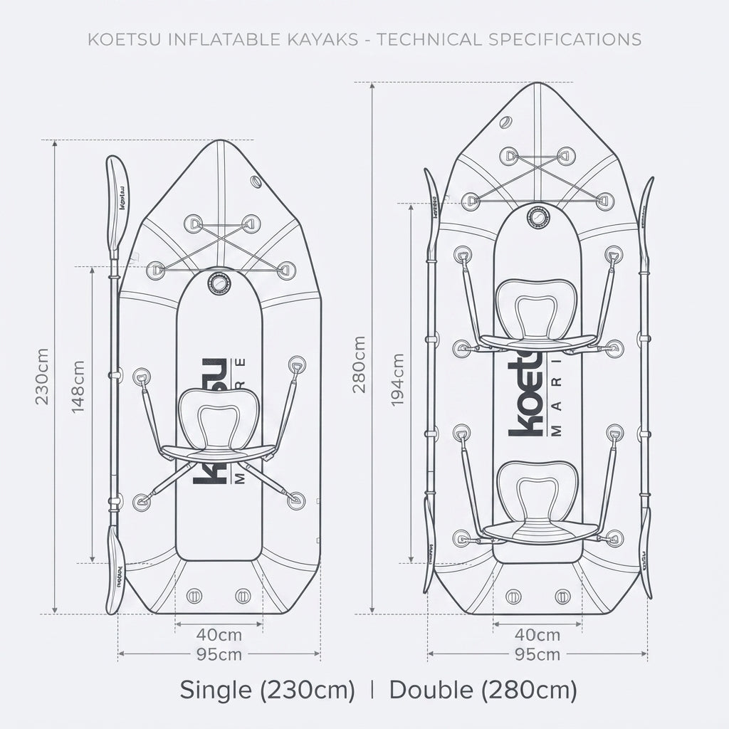 AirowMarine Explorer Inflatable Kayak – Reinforced PVC & Motor Ready (230-280cm) – dimensions and specifications