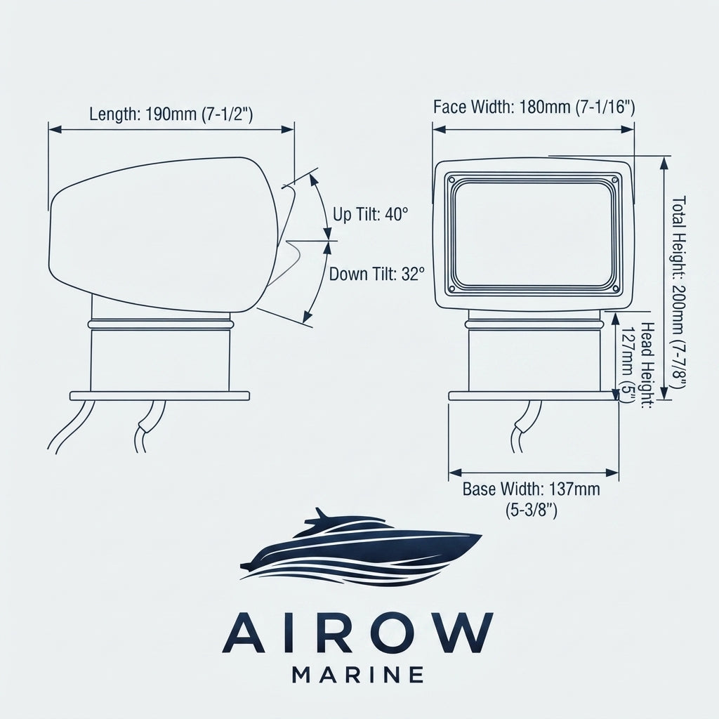 AirowMarine 100W Remote Marine Spotlight - 360° Rotation, 12/24V (200mm Height)