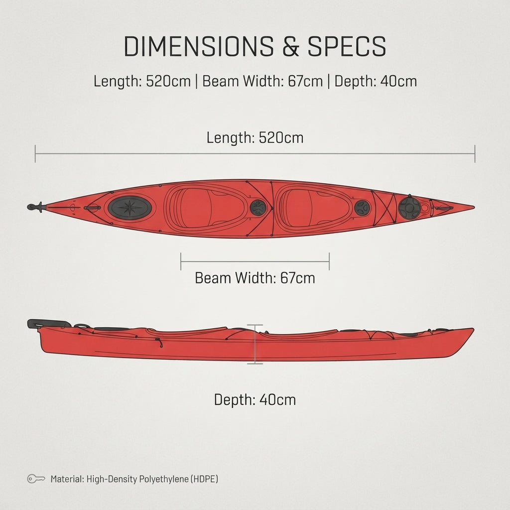 AirowMarine Ocean-Class Rigid Tandem Kayak – Rotomolded PE (520cm) – dimensions and specifications