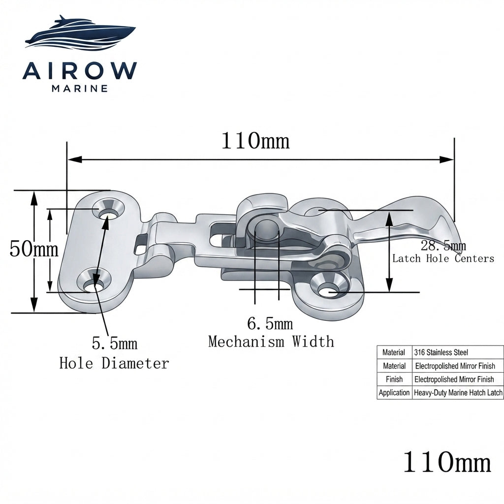 316 Stainless Steel Marine RV Latch – Hatch & Door Fastener (110x50mm) – dimensions and specifications