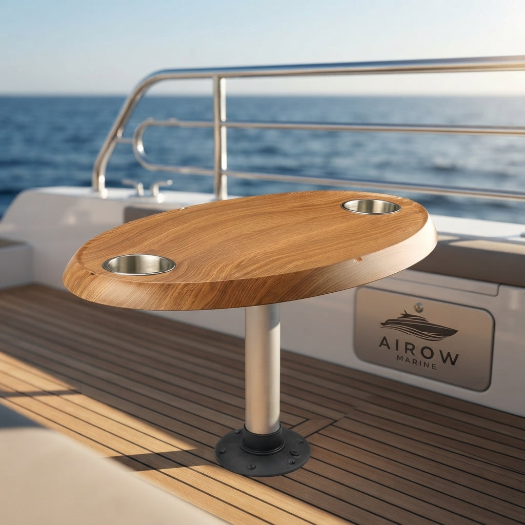 Airow Marine Teak Oval Boat Table - Dual Cup Holders (75x45cm)