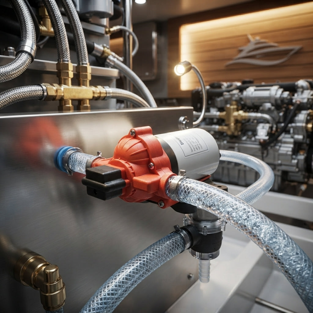 AirowMarine 12V DC Diaphragm Pump – 3.0 GPM, 45 PSI – Saltwater Ready – marine application view