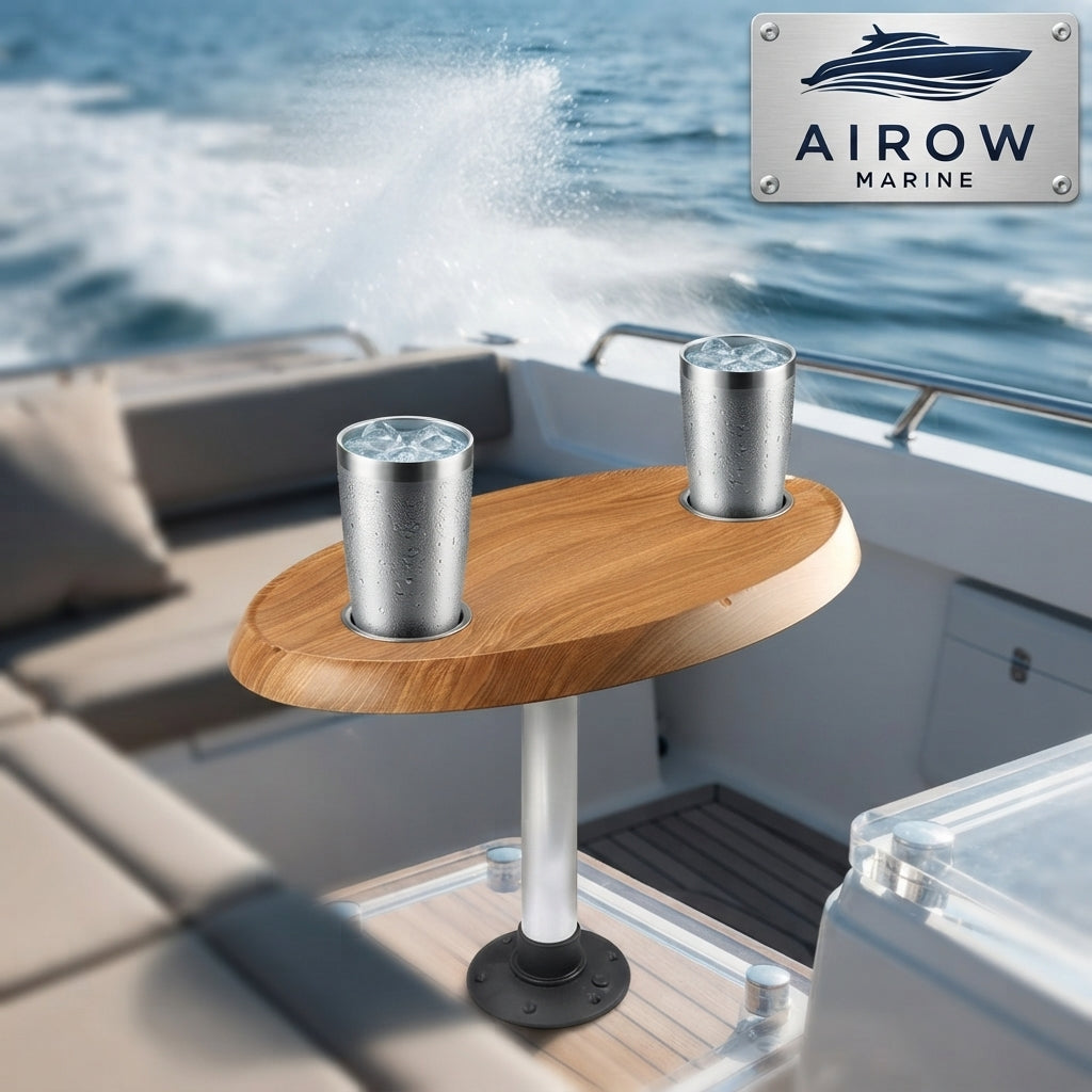 Airow Marine Teak Oval Boat Table - Dual Cup Holders (75x45cm)