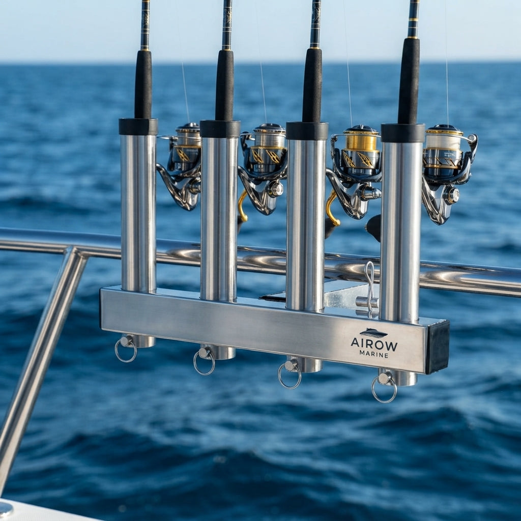 Airow Marine 4-Rod Hitch Mount Fishing Rod Rack - Polished 304 Stainless Steel (Universal Fit)