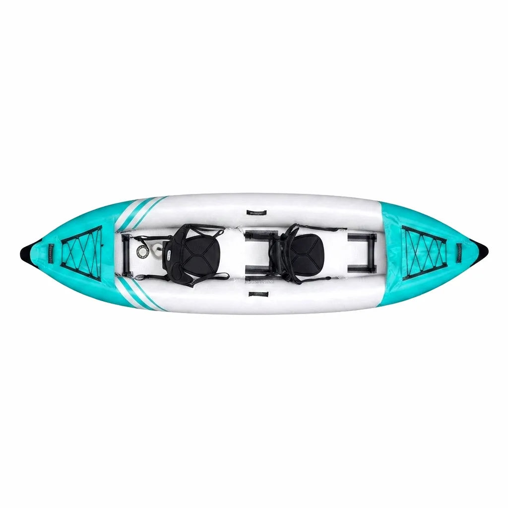 Top-down view of the AirowMarine 12.5ft inflatable kayak, featuring a teal and white high-tenacity PVC hull with two adjustable mesh-lined seats and bungee storage at bow and stern.