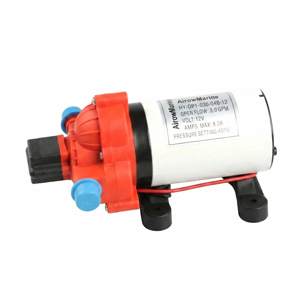 AirowMarine 12V DC diaphragm pump HY-DP1-030-040-12, red and white housing, 3.0 GPM flow, 45 PSI pressure, for marine washdown and freshwater systems.