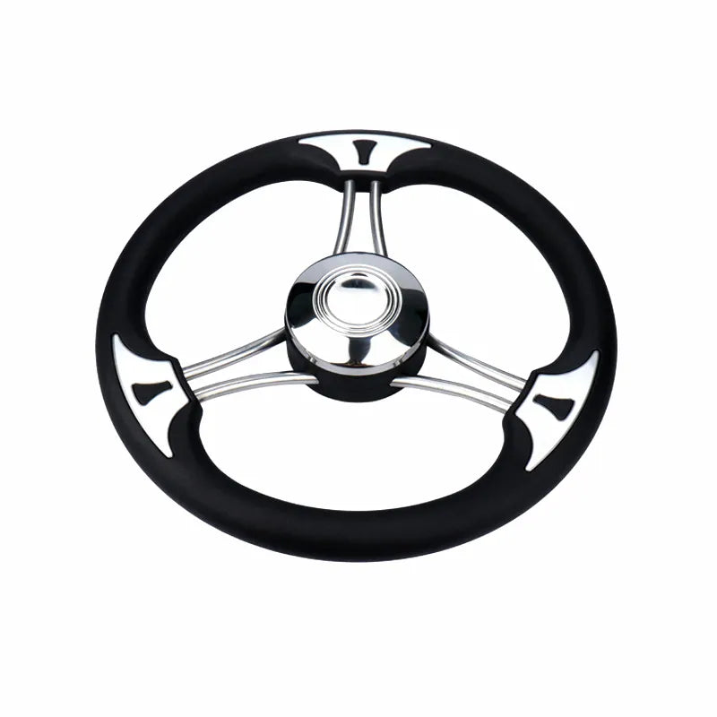 Front view of a 13.5-inch marine steering wheel featuring a black comfort-molded foam grip and three polished 304 stainless steel spokes with a matching chrome center cap.