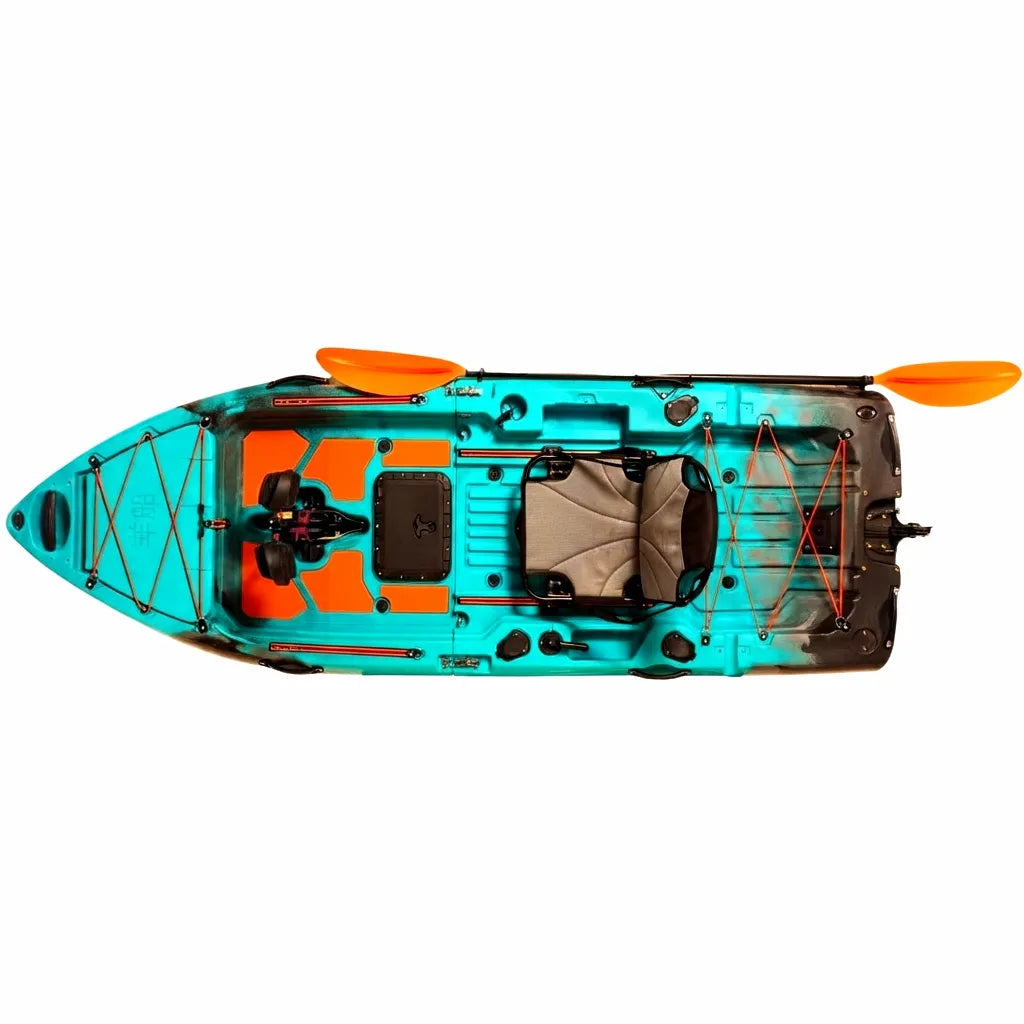AirowMarine 2.8m Rotomolded Fishing Kayak with Precision Pedal Drive and Ergonomic Seat, Overhead View, Teal/Orange Color Scheme
