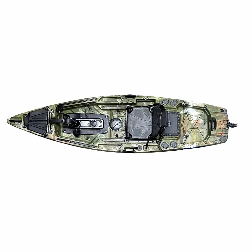 AirowMarine single-person pedal-driven fishing kayak in camouflage, showing ergonomic seat, pedal propulsion system, front hatch, rear storage, and accessory rails from a top-down perspective.