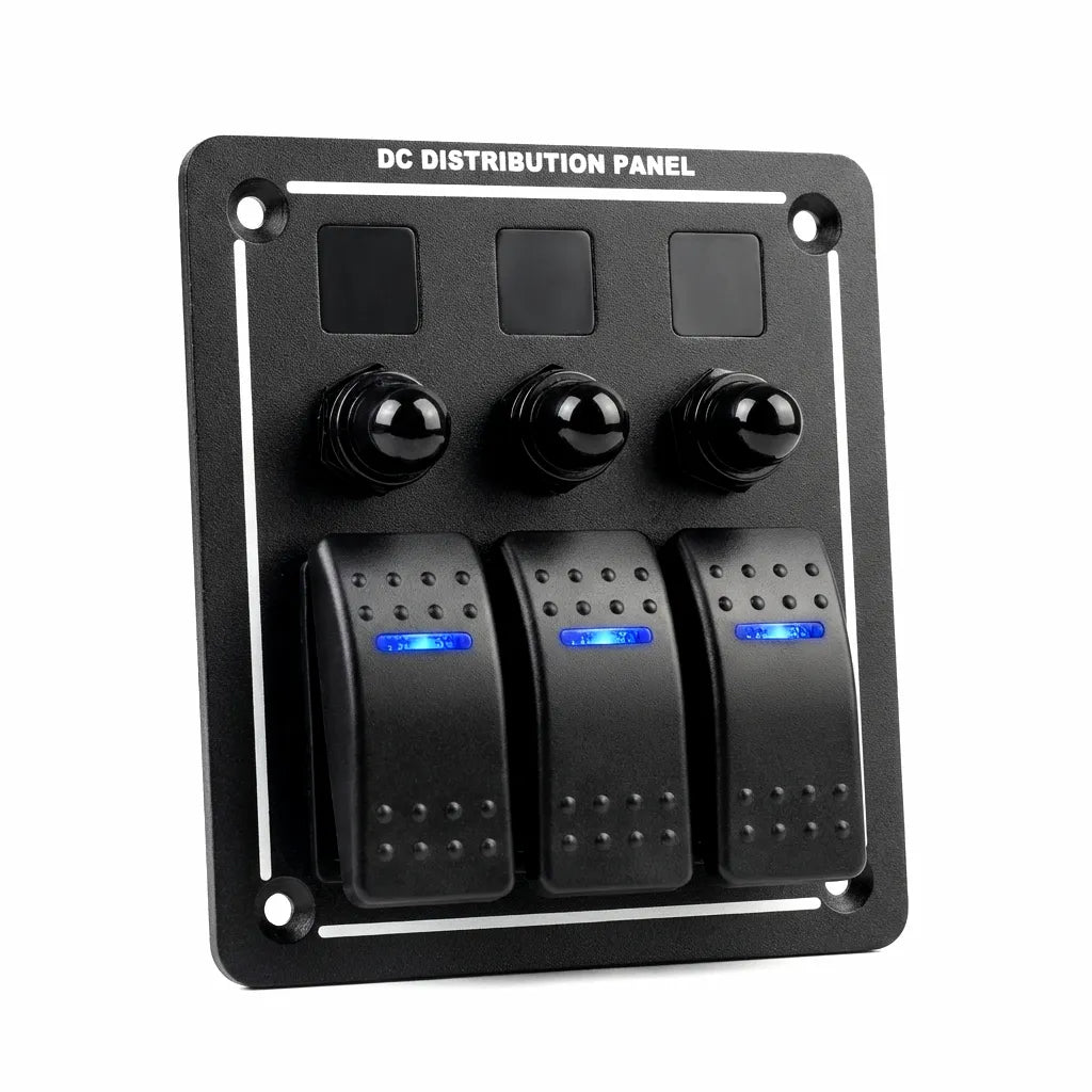 Front view of a 3-Gang Marine Rocker Switch Panel on a white background, featuring black textured ABS casing, three blue LED rocker switches, and three waterproof circuit breaker boots.