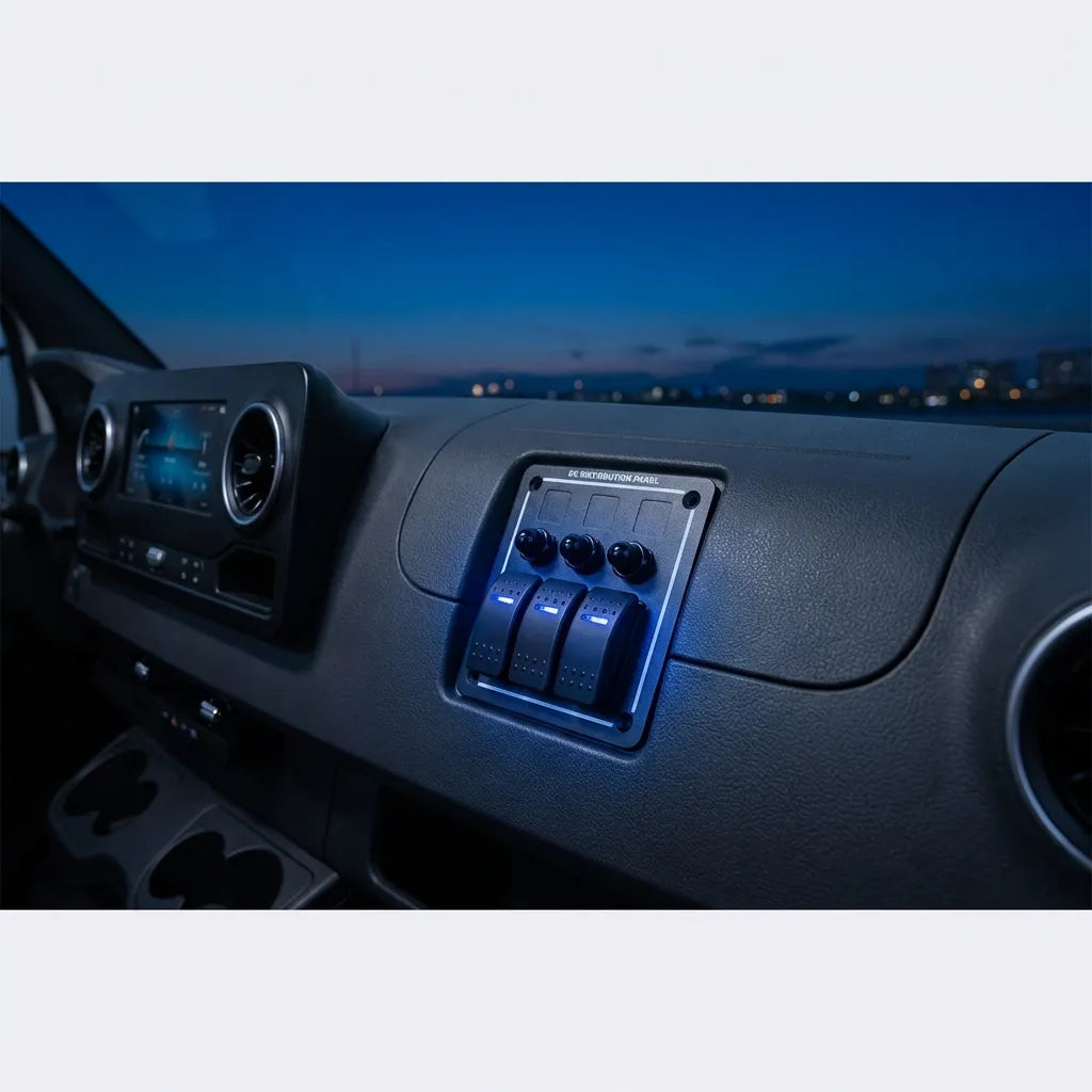 The rocker switch panel installed in a modern RV dashboard at dusk, showing the illuminated blue LED indicators for night visibility.