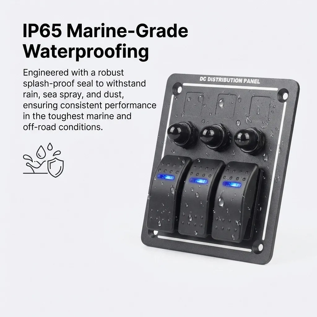 Detailed view of the IP65 marine-grade waterproof panel with water droplets on the surface, highlighting its splash-proof engineering.